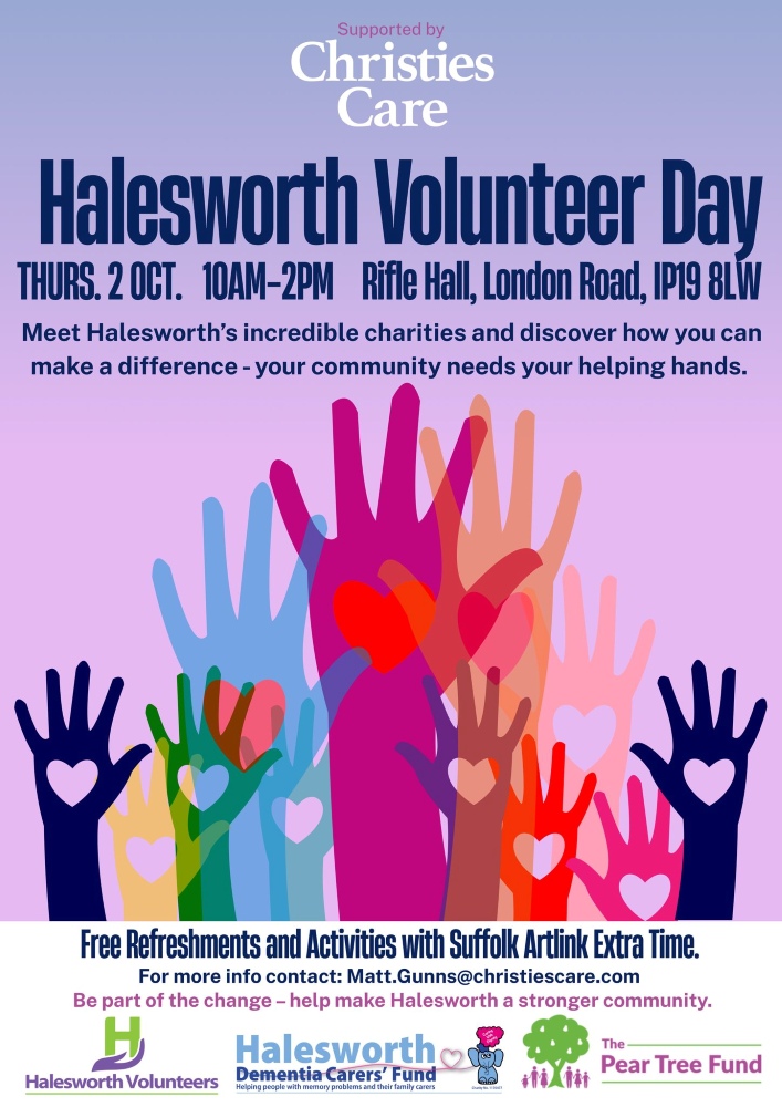Poster for Halesworth Volunteer Day showing a range of different coloured hands each with a heart shape at the centre