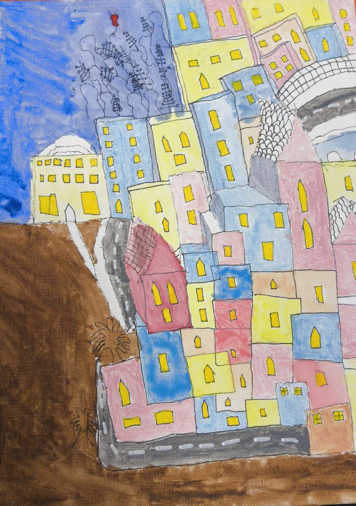 A canvas showing multicoloured houses with bright yellow windows and a road running infront and up the side