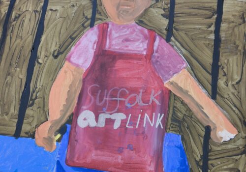 A large canvas in blue, green brown and red, depicting a man wearing glasses. He has a light red top, blue trousers and a red apron bearing the words Suffolk Artlink