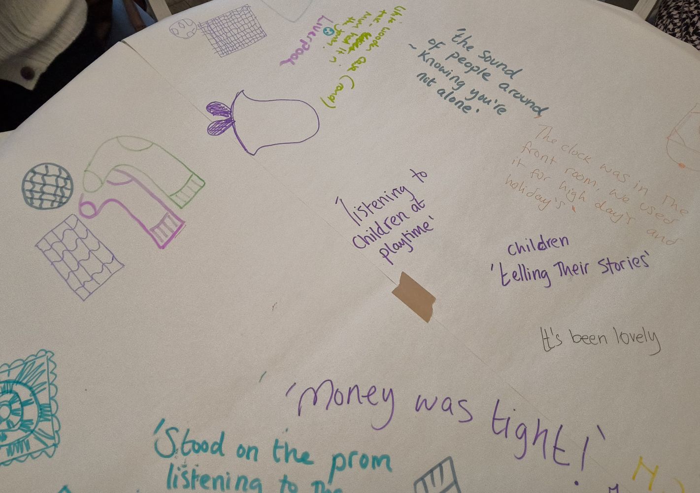 The sound of people around-knowing you're not alone. Listening to children at playtime. Children telling their stories. It's been lovely. Money was tight. Stood on the prom listening to the seas. The clock was in the fron troom, we used it for high days and holidays. Handwritten notes and drawings of socks and bells.