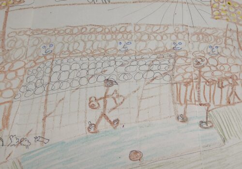 A pencil drawing of a football match