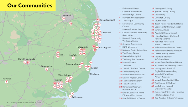 A map of Suffolk showing 50 locations where Suffolk Artlink worked in 2024 / 2025.