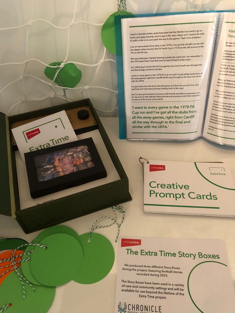 The Extra Time Story Boxes and Creative Prompt cards feature in this image, against a backdrop of a football net and a booklet