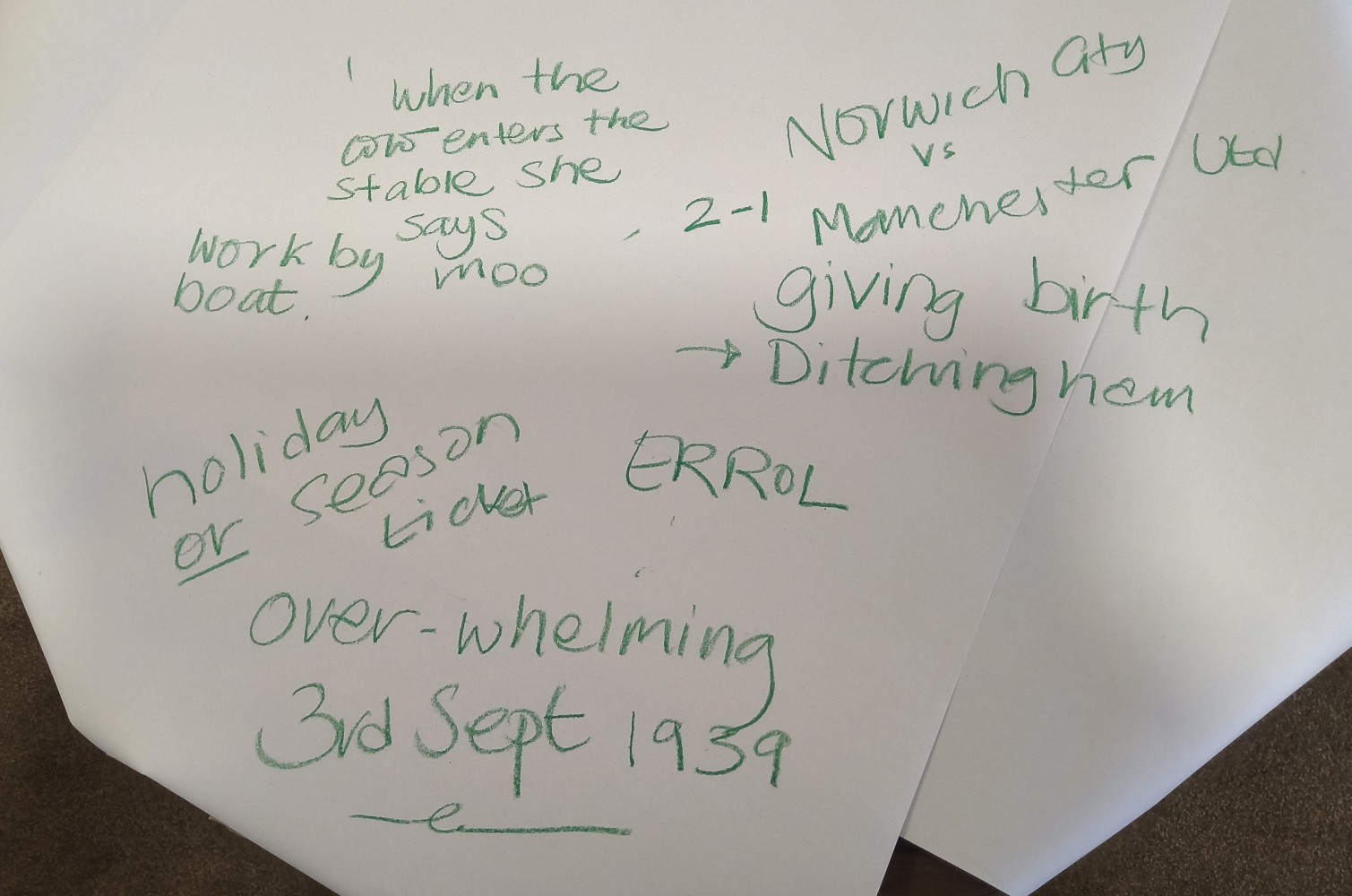 When the cow enters the stable she says Moo. Work by boat. Norwich City vs Manchester Utd 2-1. Giving birth. Ditchingham. Holiday or a season ticket. Errol. Overwhelming. 3rd September 1939.