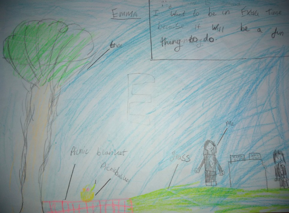 “I want to join Extra Time because it will be a fun thing to do.” 2 people having a picnic.