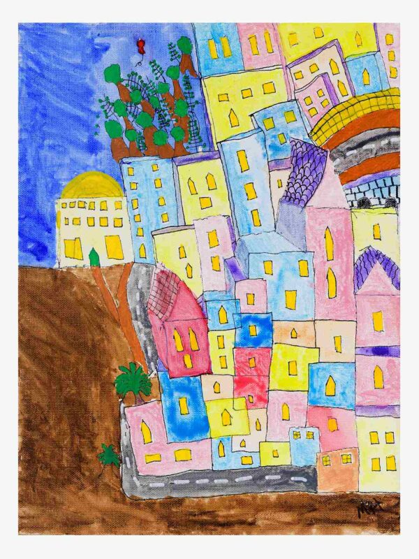 Mountain Town, fineliner and watercolour on canvas