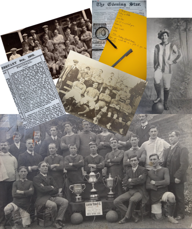 Newspaper clippings, a photo of a female football player and 3 photos of men's teams.