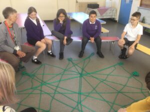 A group of children and adults seated on school benches. On the floor in front of them is a large 'net' of green wool, that they have created by throwing a ball of wool back and forth to one another