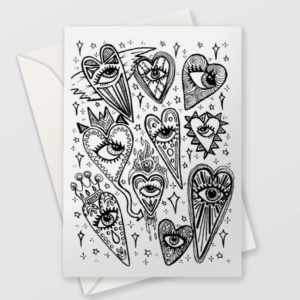 A design in black pen on white matt greetings card suitable for colouring.