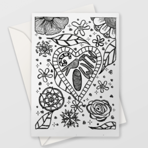 A design in black pen on white matt greetings card suitable for colouring.