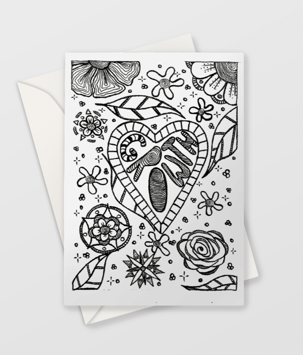 A design in black pen on white matt greetings card suitable for colouring.