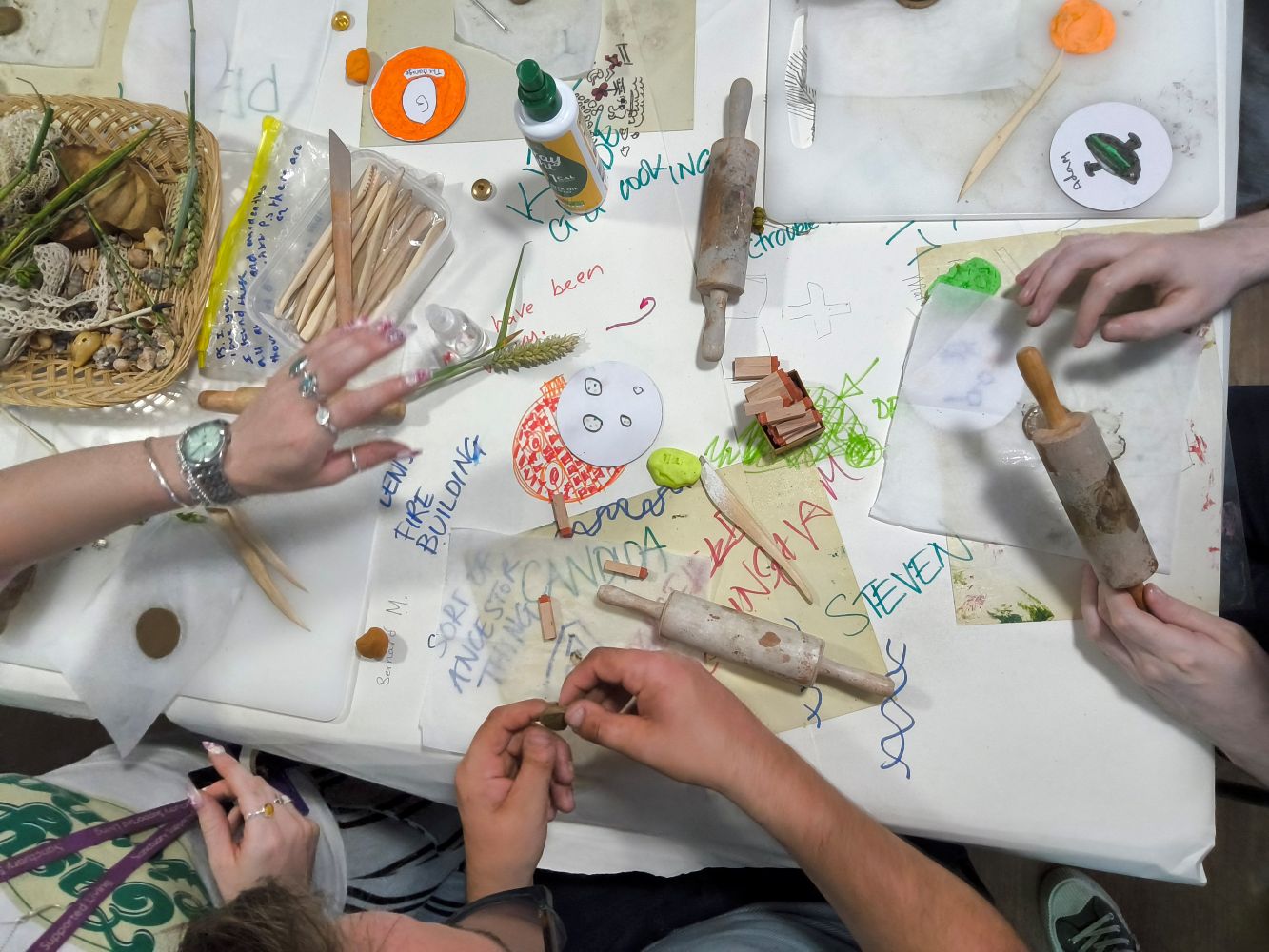Overhead view of crowded table with rolling pins,