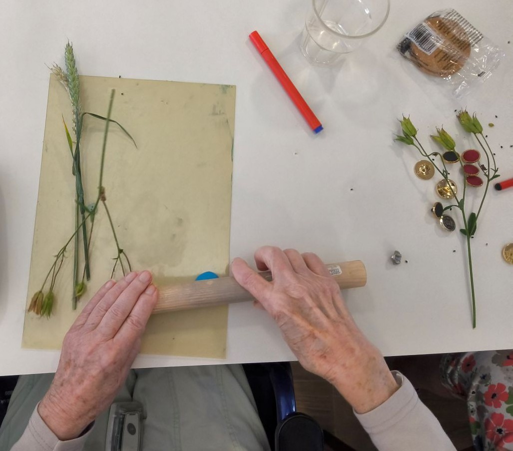 Overhead view of hands rolling out blue plasticine with grasses and seed heads around, plus a red pen and a small opened packet of biscuits