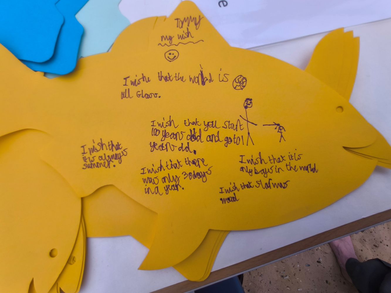 A wish fish with messages including I wish that you start 100 years and go to 1 year old I wish that it was always summer and that there were only 30 days in a year