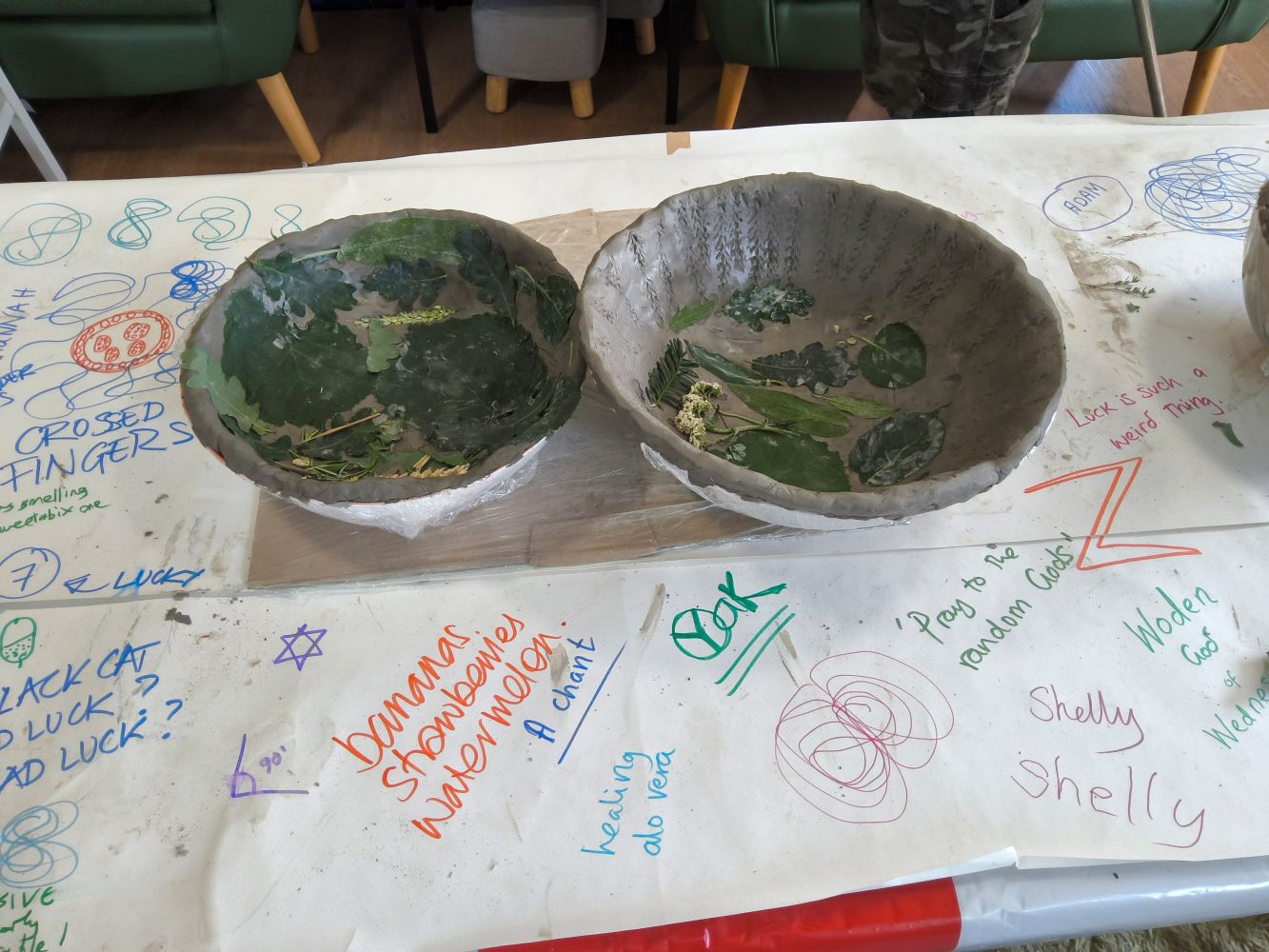 Two clay bowls, inlaid with greenery, on a table covered in words and phrases and a shopping list bananas, strawberries and watermelon