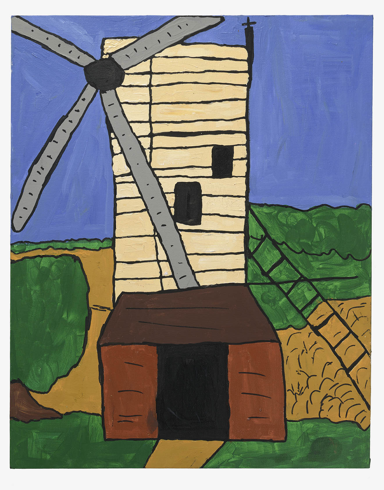 A windmill in a landscape with a brown ground floor and white upper floors.