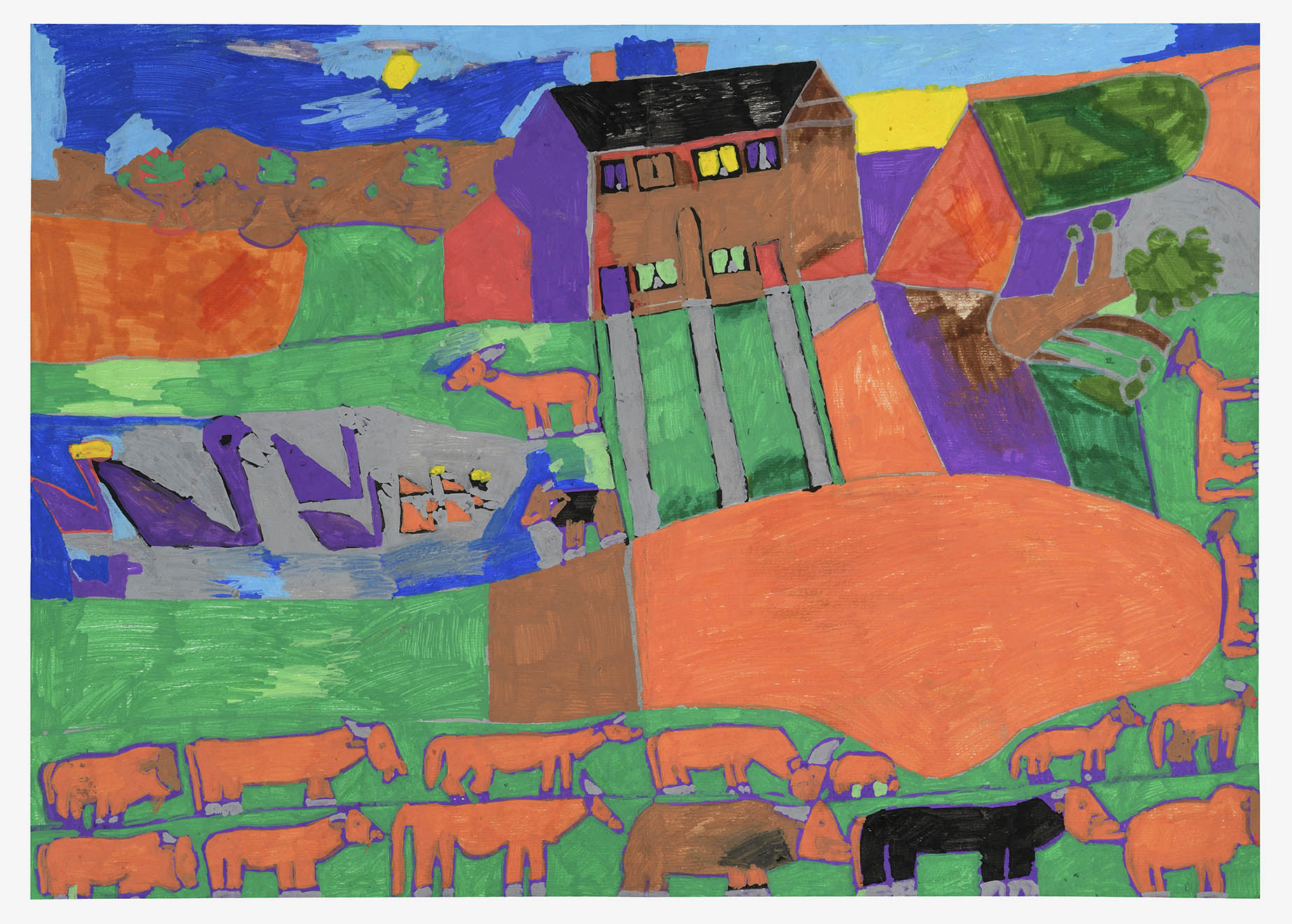 Rural landscape with house fields and animals
