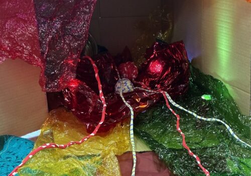 Lights nestled in coloured plastic contained in a cardboard box on it's side. Coloured plastic and laces trailing out of the box.